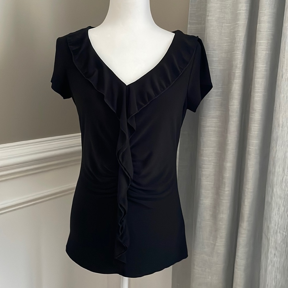 Susan Lawrence Black V Neck Short Sleeve With Front Ruffle Shirt Size M
